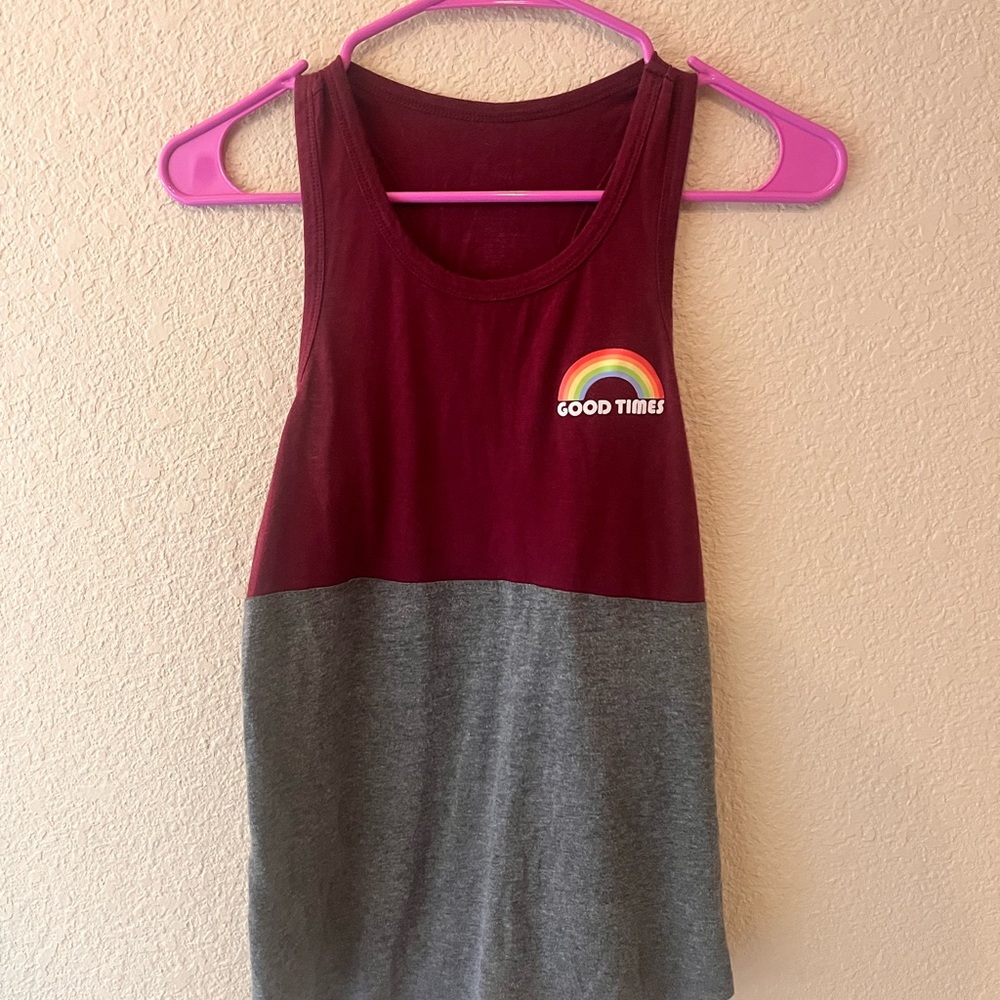 Burgundy and Gray razorback Tank Top with Rainbow Patch that reads “Good Times”
